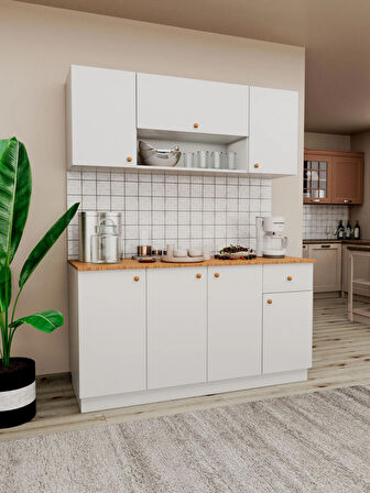  AGT 160 cm %100 MDF Ahşap Tezgahlı Beyaz Kapaklı Hazır Mutfak Dolabı