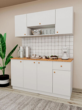  AGT 160 cm %100 MDF Ahşap Tezgahlı Beyaz Kapaklı Hazır Mutfak Dolabı