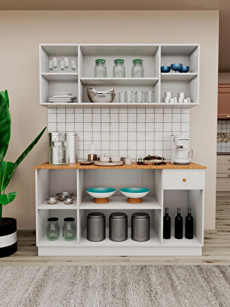  AGT 160 cm %100 MDF Ahşap Tezgahlı Beyaz Kapaklı Hazır Mutfak Dolabı