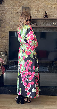 Pembe Çiçekli Beli Büzgülü  Elbise Kloş Kesim Tesettür Yazlık Elbise 130 cm