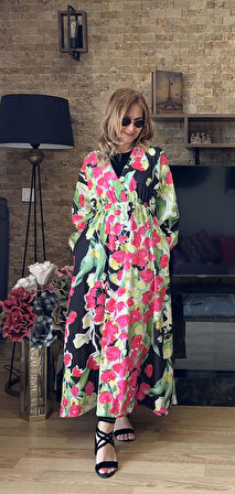 Pembe Çiçekli Beli Büzgülü  Elbise Kloş Kesim Tesettür Yazlık Elbise 130 cm