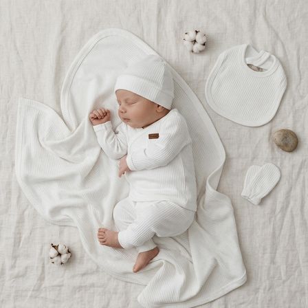 Fitilli Ribana Battaniyeli Yeni Doğan Hastane Çıkışı - 7'li Unisex Bebek Seti (Beyaz)