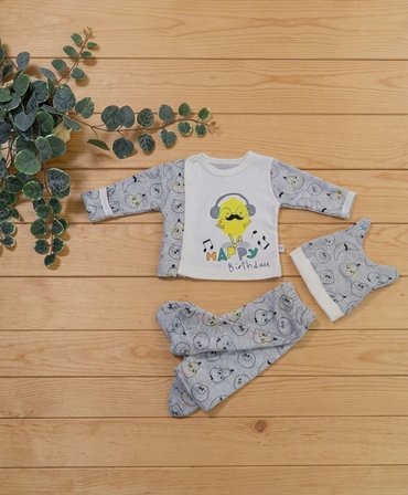 3'lü Takım Limon Adam Baskılı Kendinden Eldivenli Alt Üst Şapka Seti 0-3 Ay
