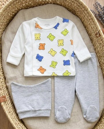 Kendinden Eldivenli Ayıcık Desenli Erkek Bebek Takımı - 3'lü Set