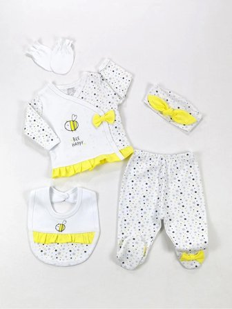 Kız Bebek 5'li Takım Arı Yıldız Desenli Fiyonklu Set Zıbın Pantolon Önlük Bandana Eldiven | %100 Pamuk