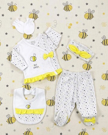 Kız Bebek 5'li Takım Arı Yıldız Desenli Fiyonklu Set Zıbın Pantolon Önlük Bandana Eldiven | %100 Pamuk