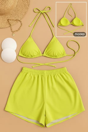 Kadın 3'lü Set Fosforlu Şortlu ve Yandan Bağlamalı Bikini Mayo Takımı