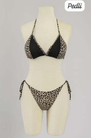 Kadın Siyah ve Leopar Detaylı Yandan Bağlamalı Bikini Takımı