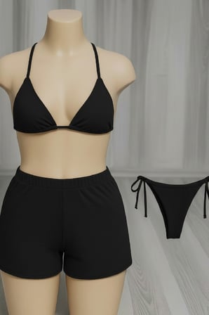 Kadın 3'lü Set Siyah Şortlu ve Yandan Bağlamalı Bikini Mayo Takımı