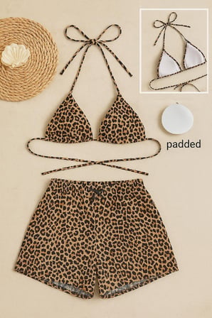 Kadın Leopar Desenli Şortlu Belden ve Boyundan Bağlamalı Bikini Takımı