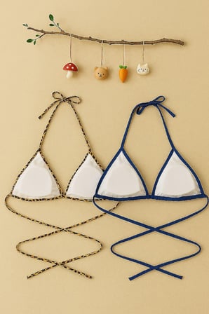Kadın Leopar Desenli ve Mavi Minimal Kesim Üçgen Bikini Üstü