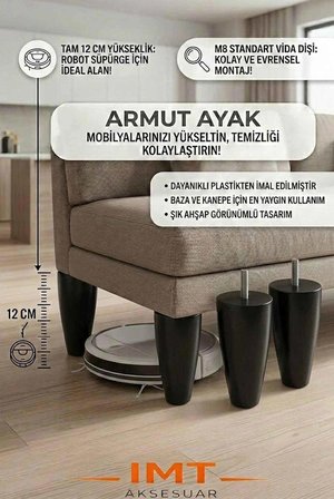 İMT AKSESUAR Armut Mobilya Ayağı 4 Adet 12 cm Siyah Robot Süpürgeye Uyumlu Koltuk Kanepe Baza Ayağı Seti