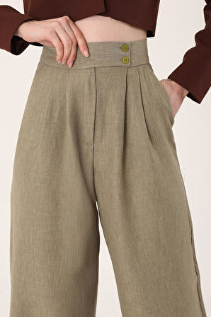 	Kadın Haki Çift Düğmeli Keten Palazzo Pantolon