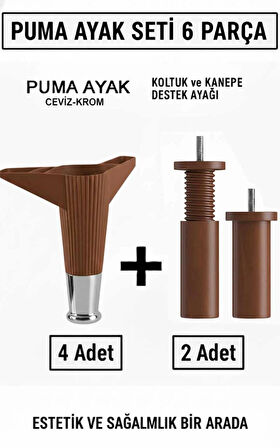 İmt Aksesuar Puma 15 cm Ceviz-Krom 6'lı Set Mobilya Kanepe Tv Ünitesi Dolap Konsol ve Destek Ayağı