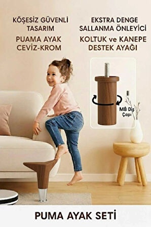 İmt Aksesuar Puma 15 cm Ceviz-Krom 6'lı Set Mobilya Kanepe Tv Ünitesi Dolap Konsol ve Destek Ayağı