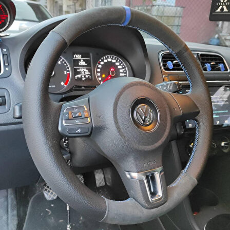 Volkswagen Polo Araca Özel Direksiyon Kılıfı (TÜYLÜ ALCANTRA NOKTA YÜZÜKLÜ)