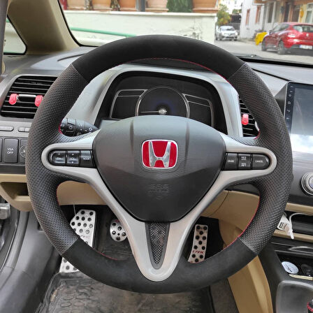 Honda Civic Fd6 Araca Özel Direksiyon Kılıfı (Tüylü Alcantra Nokta Kırmızı)