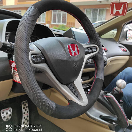 Honda Civic Fd6 Araca Özel Direksiyon Kılıfı (Tüylü Alcantra Nokta Kırmızı)
