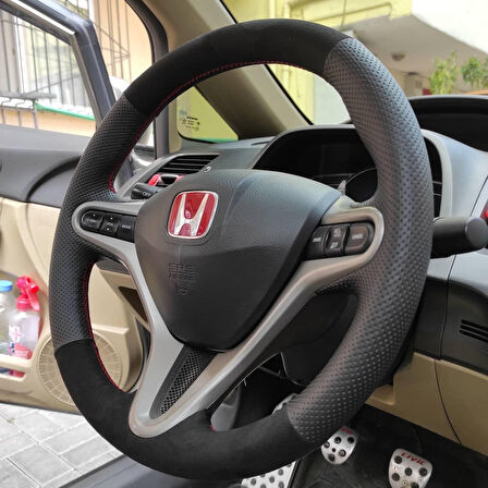 Honda Civic Fd6 Araca Özel Direksiyon Kılıfı (Tüylü Alcantra Nokta Kırmızı)