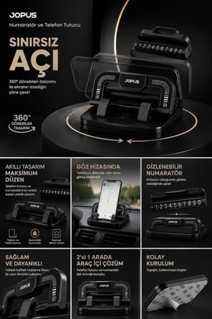 Araç İçi 360 Dönebilen Numaratörlü Telefon Tutucu Torpido Üstü Tablet Parkmatik Katlanabilir Standlı