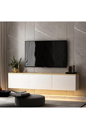 TV Sehpası Norm Duvara Monte Beyaz Safir Meşe LED Işıklı 160 cm