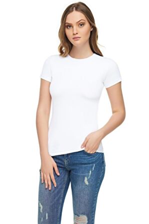 Kadın Beyaz Sıfır Yaka Likralı Kısa Kol T-shirt 2'li