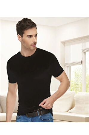 Erkek Siyah 6'lı Penye Elestan Sıfır Yaka Yarım Kollu Fanila