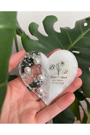 10 Adet Kişiye Özel Gümüş Renk Epoksi Kalp Magnet Davet Nişan, Nikah, Düğün, Kına Hediyelik