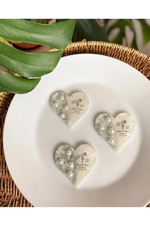 10 Adet Kişiye Özel Gümüş Renk Epoksi Kalp Magnet Davet Nişan, Nikah, Düğün, Kına Hediyelik
