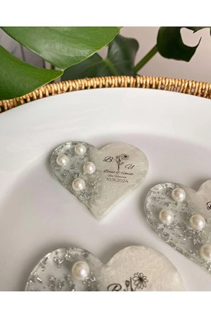 10 Adet Kişiye Özel Gümüş Renk Epoksi Kalp Magnet Davet Nişan, Nikah, Düğün, Kına Hediyelik
