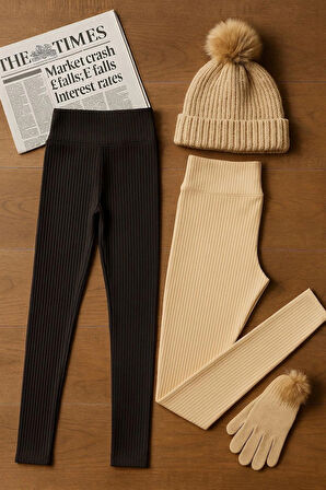 3'lü Set Kışlık Süper Şardonlu Pofuduk Kadın Tayt (2 Siyah - 1 Ten)