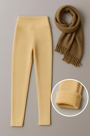 3'lü Set Kışlık Süper Şardonlu Pofuduk Kadın Tayt (2 Siyah - 1 Ten)