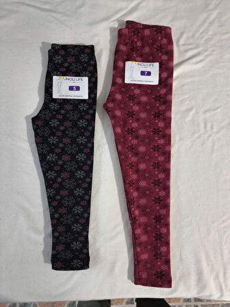 2'li Kışlık Şardonlu Baskılı Çocuk Tayt Seti - Sıcak ve Esnek - Siyah - Bordo