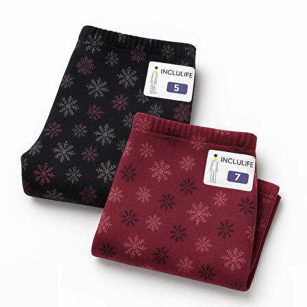 2'li Kışlık Şardonlu Baskılı Çocuk Tayt Seti - Sıcak ve Esnek - Siyah - Bordo