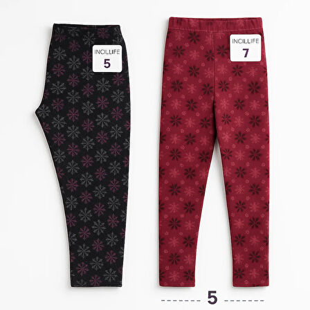 2'li Kışlık Şardonlu Baskılı Çocuk Tayt Seti - Sıcak ve Esnek - Siyah - Bordo