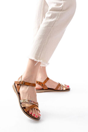 205-015 Taba Garni Ortopedik Hakiki Deri Dolgu Kadın Sandalet