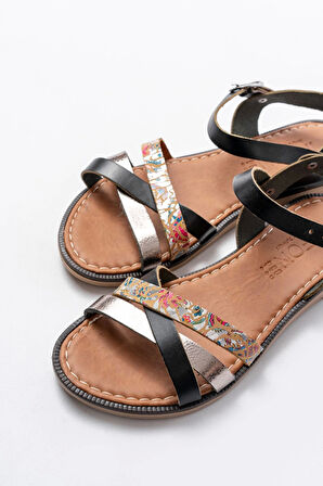 205-015 Siyah Garni Ortopedik Hakiki Deri Dolgu Kadın Sandalet