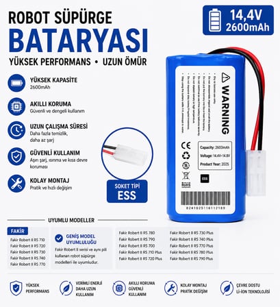 Tefal X-Plorer Serie 40: RG7267, RG7275 Uyumlu Robot Süpürge Bataryası 14.4V 2600mAh Li-ion