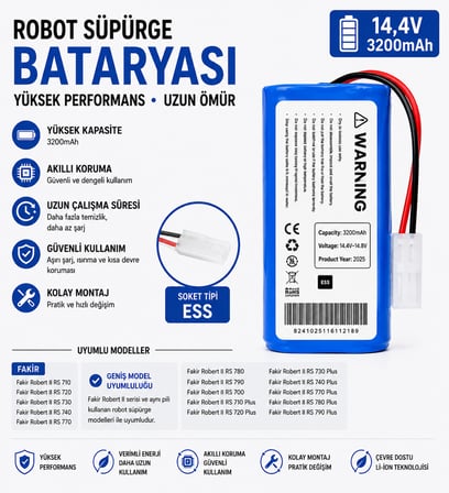Tefal X-Plorer Serie 40: RG7267, RG7275 Uyumlu Robot Süpürge Bataryası 14.4V 3200mAh Li-ion