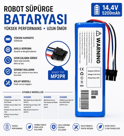 Xiaomi Mi Robot Vacuum Mop 2 Pro Plus 3D (STYTJ02ZHM) Uyumlu Robot Süpürge Bataryası 14.4V 5200mAh Li-ion