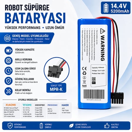 Proscenic LDS M7 ile Uyumlu Robot Süpürge Pili 14,4V 5200mAh