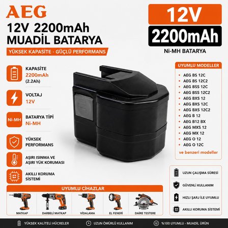 AEG B1214G, B1215R, B1220R ile Uyumlu Muadil Matkap Bataryası