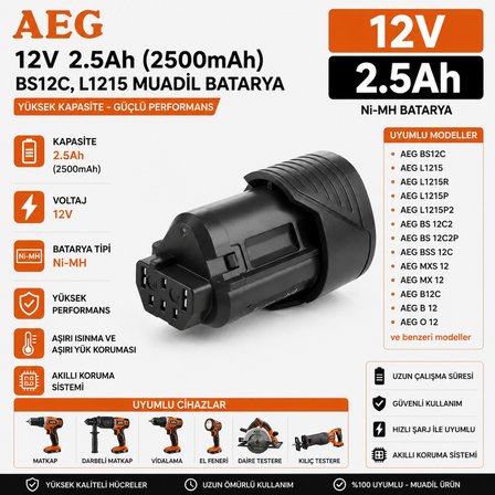 AEG BWS12, BLL12C, BBH12 ile Uyumlu Muadil Matkap Bataryası