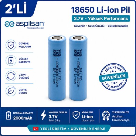 Aspilsan 18650 2600mAh 3.7V Li-ion Şarjlı Pil 2'li Paket INR18650A28 Orijinal Yerli Üretim Lityum İyon Batarya