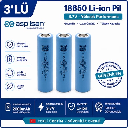 Aspilsan 18650 2600mAh 3.7V Li-ion Şarjlı Pil 3'lü Paket | Orijinal INR18650A28 Lityum İyon Batarya | Yerli Üretim