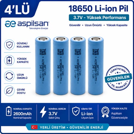 Aspilsan 18650 2600mAh 3.7V Li-ion Şarjlı Pil 4'lü Paket | INR18650A28 Orijinal Lityum İyon Batarya | Yerli Üretim