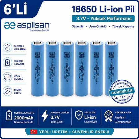 Aspilsan 18650 2600mAh 3.7V Li-ion Şarjlı Pil 6'lı Paket | INR18650A28 Orijinal 18650 Batarya | Yerli Üretim Lityum İyon Pil