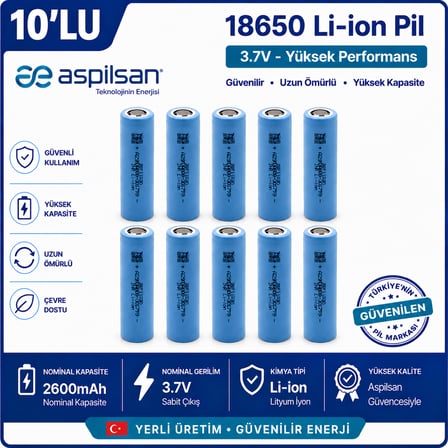 Aspilsan 18650 2600mAh 3.7V Li-ion Şarjlı Pil 10'lu Paket | INR18650A28 Orijinal Lityum İyon Batarya | Powerbank, E-Bisiklet ve Robot Projeleri İçin