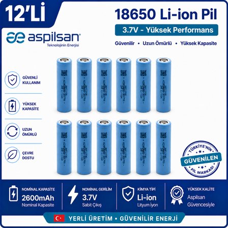 Aspilsan 18650 2600mAh 3.7V Li-ion Şarjlı Pil 12'li Paket | INR18650A28 Orijinal Lityum İyon Batarya | Powerbank, E-Bisiklet, UPS ve Solar Sistemler İçin