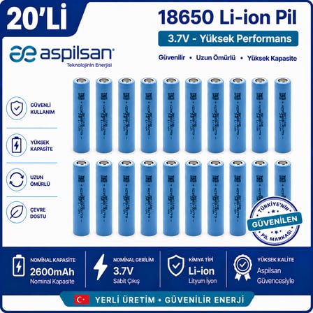 Aspilsan 18650 2600mAh 3.7V Li-ion Şarjlı Pil 20'li Paket | Orijinal INR18650A28 Lityum İyon Hücre | Elektrikli Bisiklet, Scooter, UPS, Solar ve Powerbank Bataryaları İçin